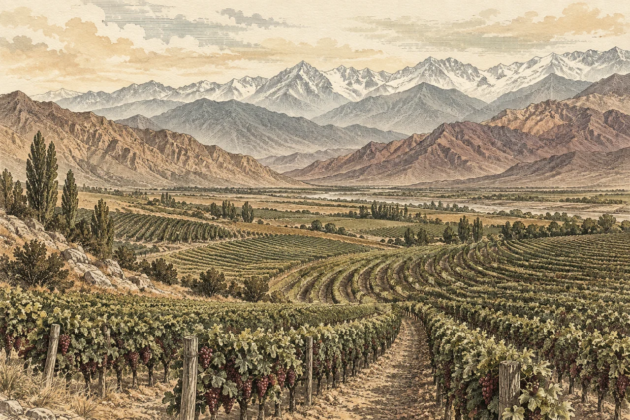 Interpretación artística del Valle de Uco, con viñedos y la cordillera de los Andes.